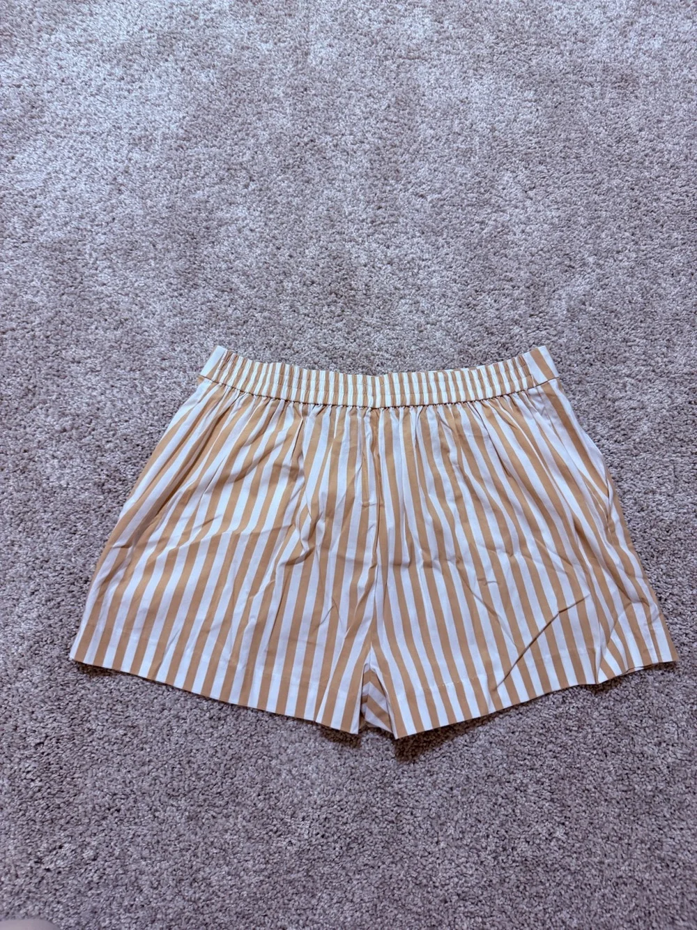 STAUD Zoey Cotton Beige and White Striped High-Rise Shorts